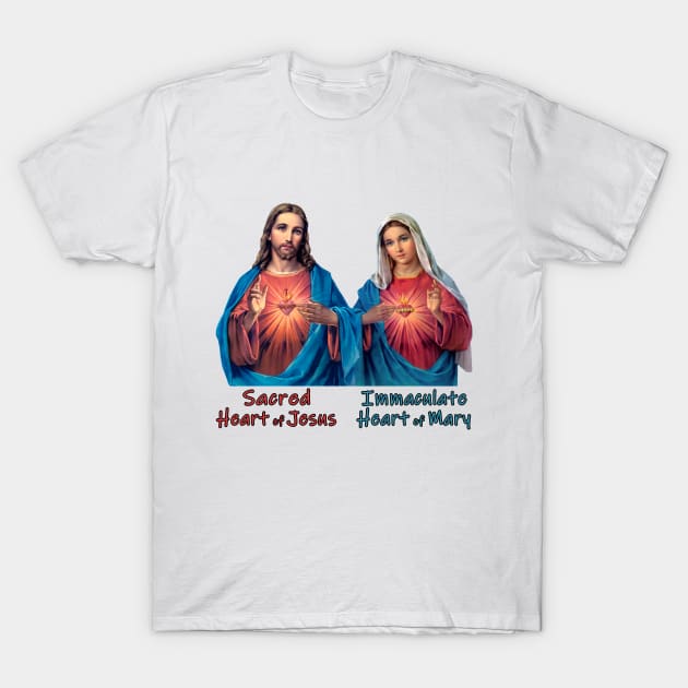 Sacred Heart of Jesus and Immaculate Heart of Mary Images with Typography T-Shirt by Brasilia Catholic